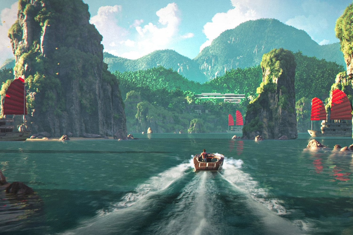 Un bateau file entre des pitons rocheux dans 007 First Light