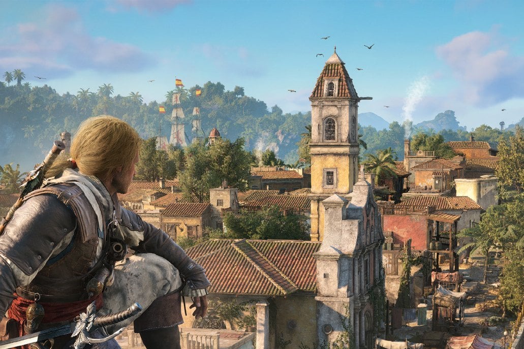 Un assassin contemple une ville coloniale dans Assassin's Creed Black Flag Resynced
