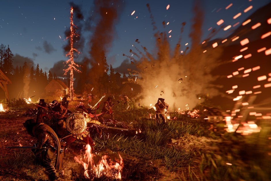 Bataille nocturne dans un village en flammes, entre explosions et braises, dans Crimson Desert