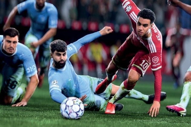 Joueurs à la lutte pour le ballon au ras de la pelouse dans un match d’EA Sports FC 27