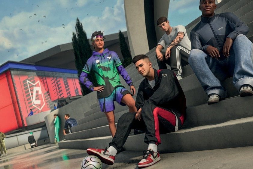 Quatre avatars de joueurs assis sur les marches d’un quartier de The Grounds, l’espace social d’EA Sports FC 27