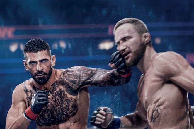 Deux combattants échangent des coups dans l'octogone, EA Sports UFC 6
