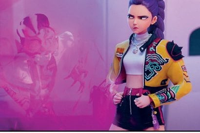 Illustration de KPop Demon Hunters, une chanteuse en veste jaune