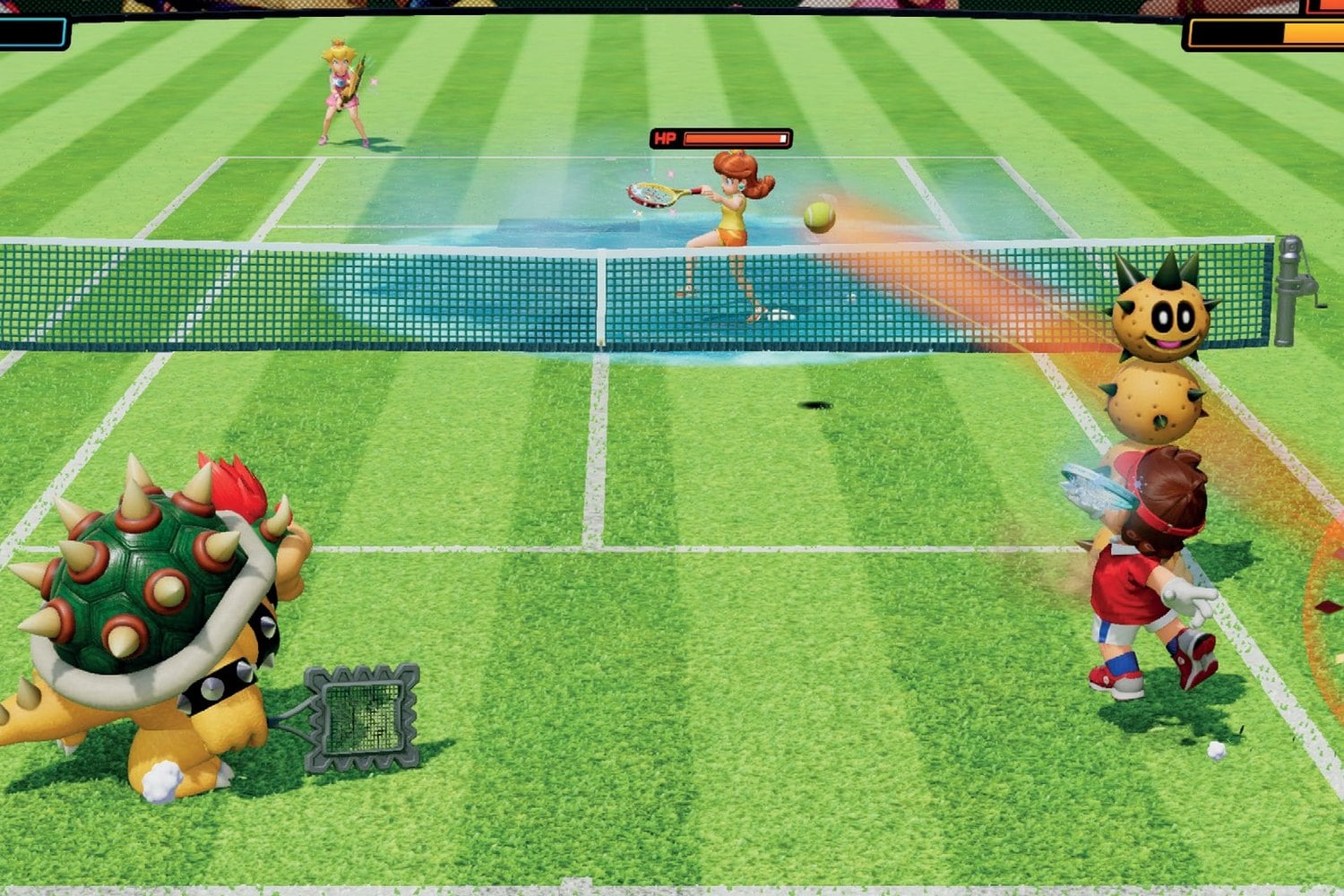 Match de tennis sur gazon avec Bowser dans Mario Tennis Fever