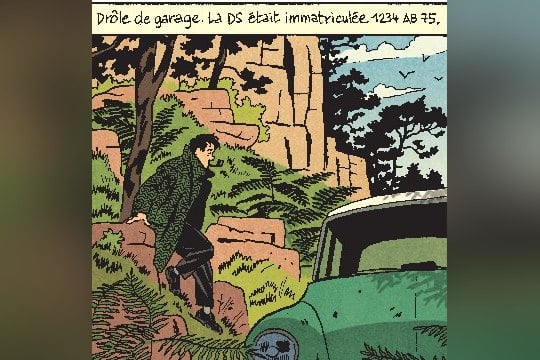 Case de la bande dessinée Nestor Burma dans l'île, une voiture dans la végétation