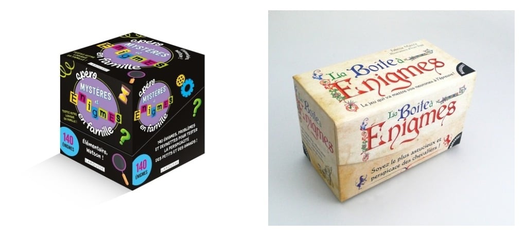 Le coffret Apéro Mystères et énigmes en famille de Larousse et La Boîte à énigmes de Fabrice Mazza chez Marabout