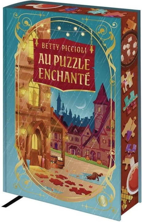 Couverture d'Au puzzle enchanté de Betty Piccioli, édition jaspée : une boutique de village sous un ciel étoilé