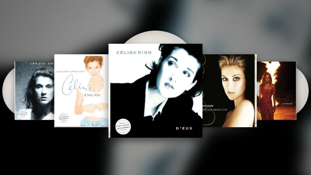 Montage des pochettes d’Unison, Falling into You, D’eux, Let’s Talk About Love et Courage de Céline Dion, avec leurs vinyles blancs, sur fond flou