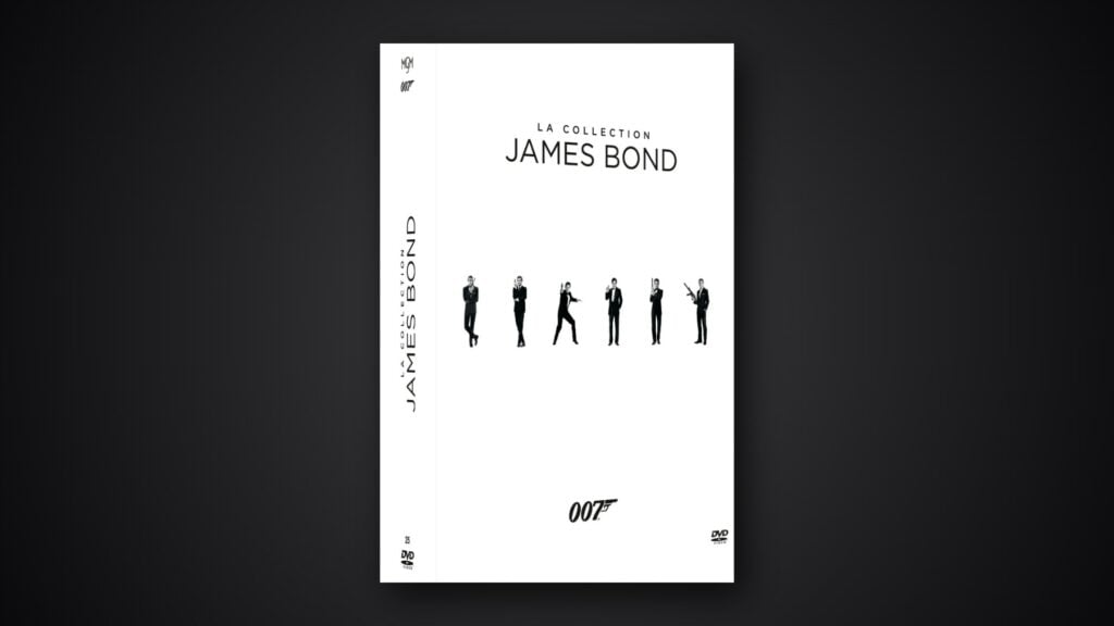 Le coffret DVD blanc La Collection James Bond, avec les silhouettes des six interprètes de 007 alignées sur la jaquette