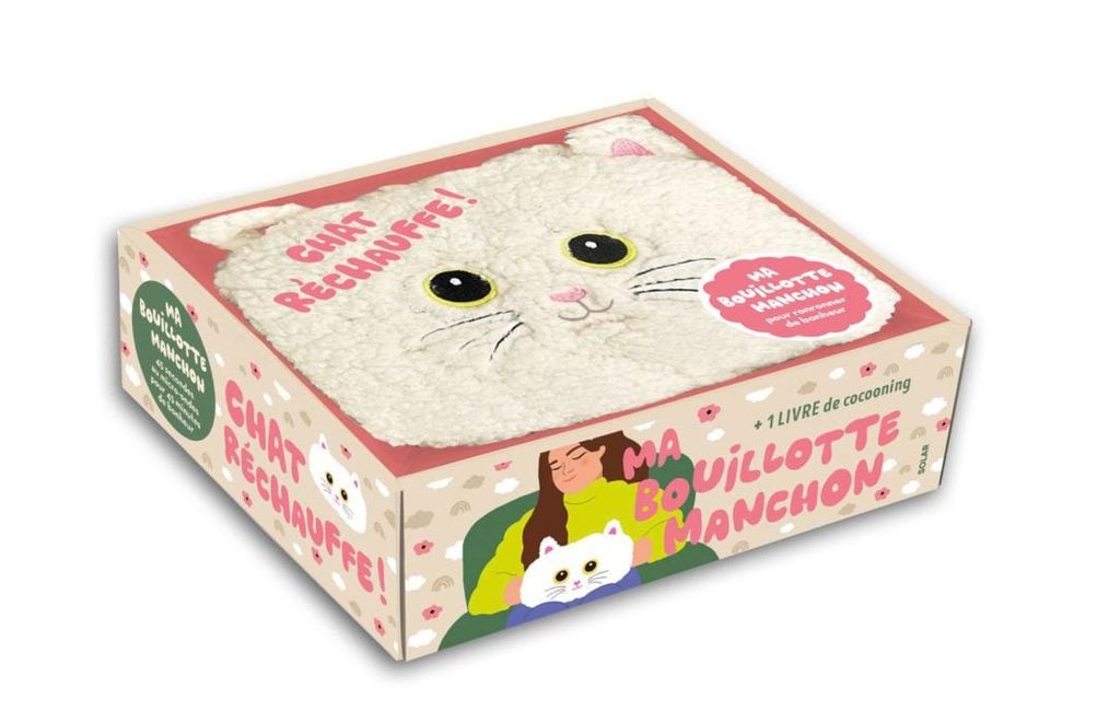 Coffret Ma bouillotte manchon, Chat réchauffe (Solar) : manchon chat en fausse fourrure et livre L'art du cocooning