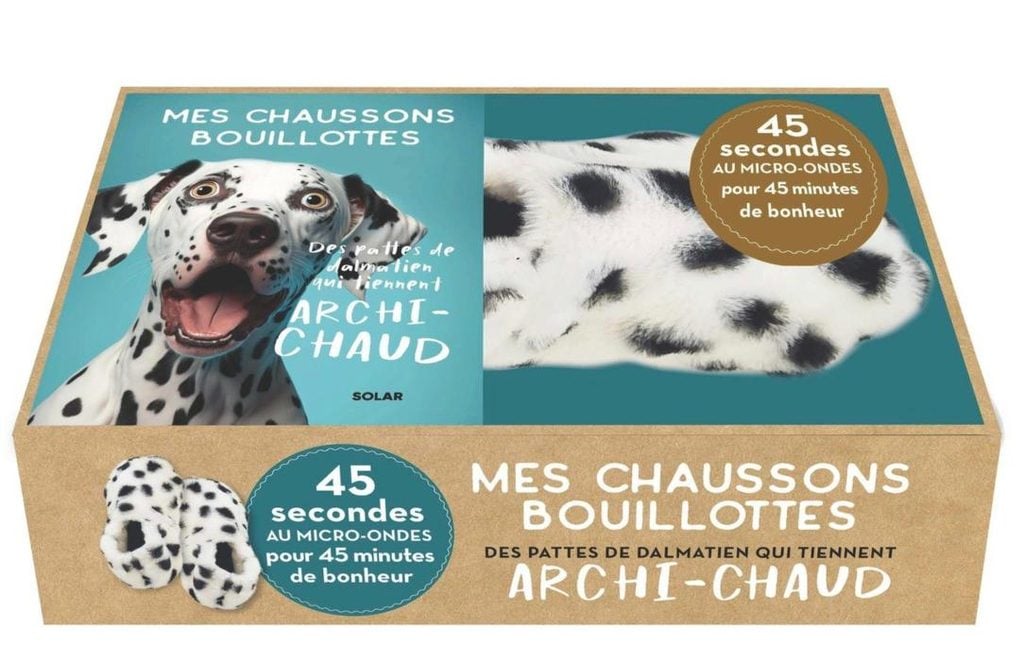 Coffret Mes chaussons bouillottes (Solar), avec ses chaussons en pattes de dalmatien