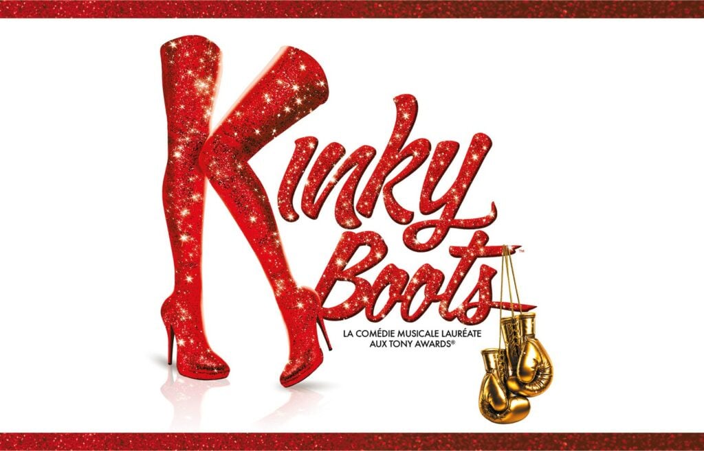 Logo de Kinky Boots avec ses bottes rouges à paillettes et ses gants de boxe dorés, visuel des Folies Bergère