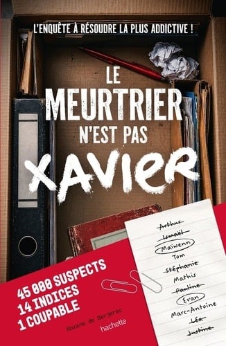 Couverture du livre-jeu Le meurtrier n'est pas Xavier : un tiroir de bureau rempli de dossiers et une liste de suspects raturée