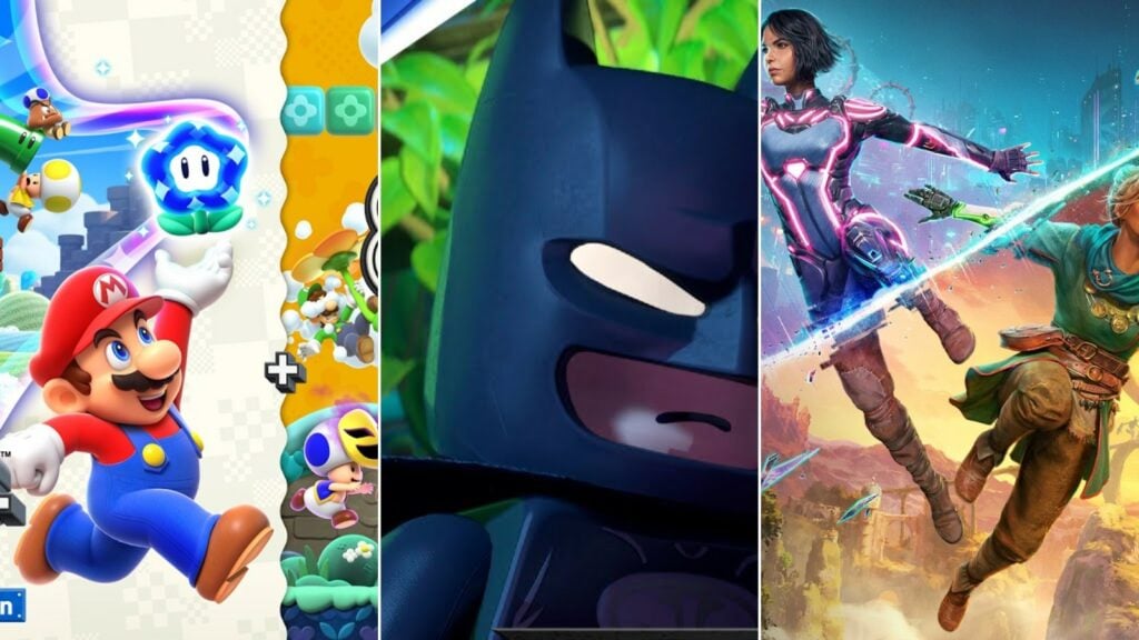 Montage de visuels de Super Mario Bros. Wonder, LEGO Batman : L’Héritage du Chevalier Noir et Split Fiction