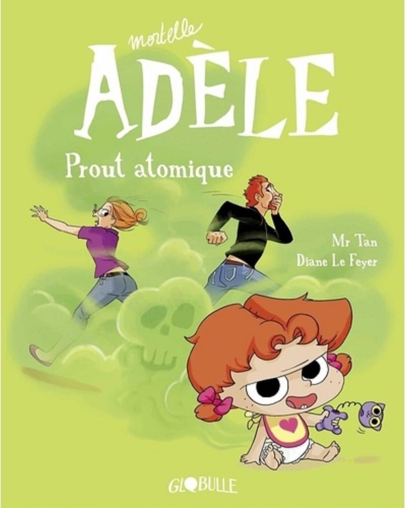Couverture de Mortelle Adèle tome 14, Prout atomique : Adèle assise au milieu d'un nuage vert