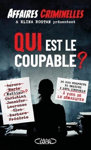 Couverture de Qui est le coupable ? d'Elina Rostan : une silhouette dans l'ombre et une liste de prénoms barrés
